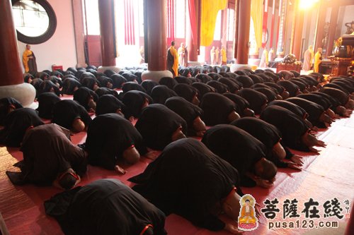 新戒们跪拜礼佛(图片来源:菩萨在线 摄影:红布)