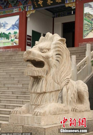 大门两侧蹲踞的一对石狮因其外形明显区别于中国传统石雕狮子而受到