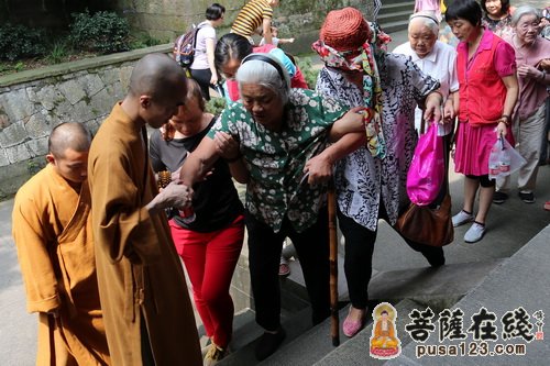 老人们.在灵隐寺法师们和云林志工团志工们的搀扶下参观寺院
